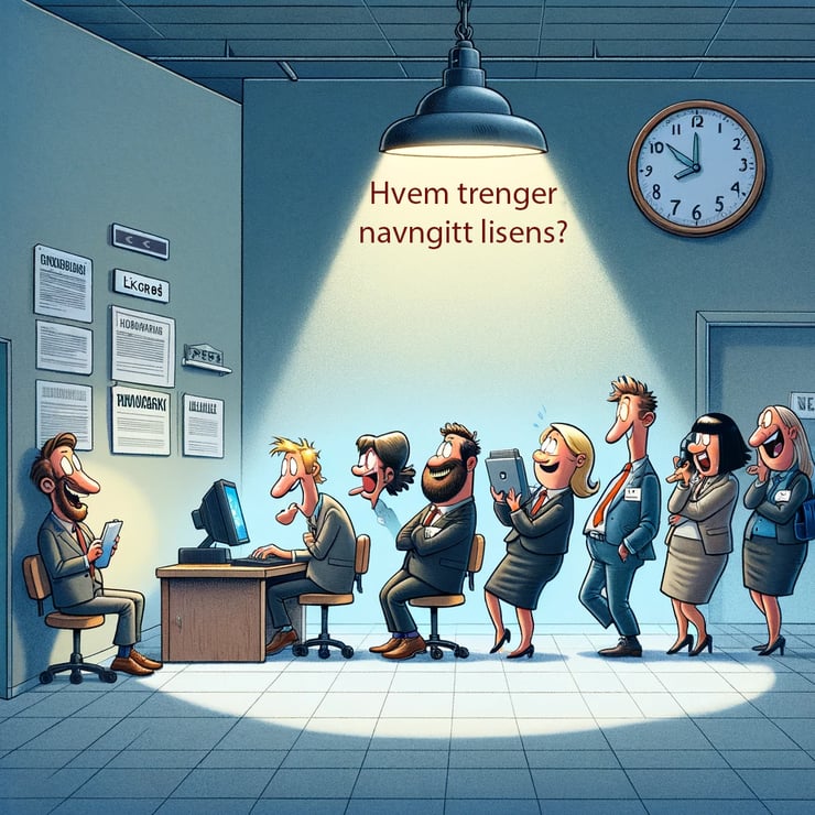 DALL·E-2023-12-07-14_56_05-5_-Illustration-for-Hvem-Trenger-Egentlig-Navngitte-Lisenser__-A-whimsical-cartoon-showing-a-diverse-group-of-office-employ-2